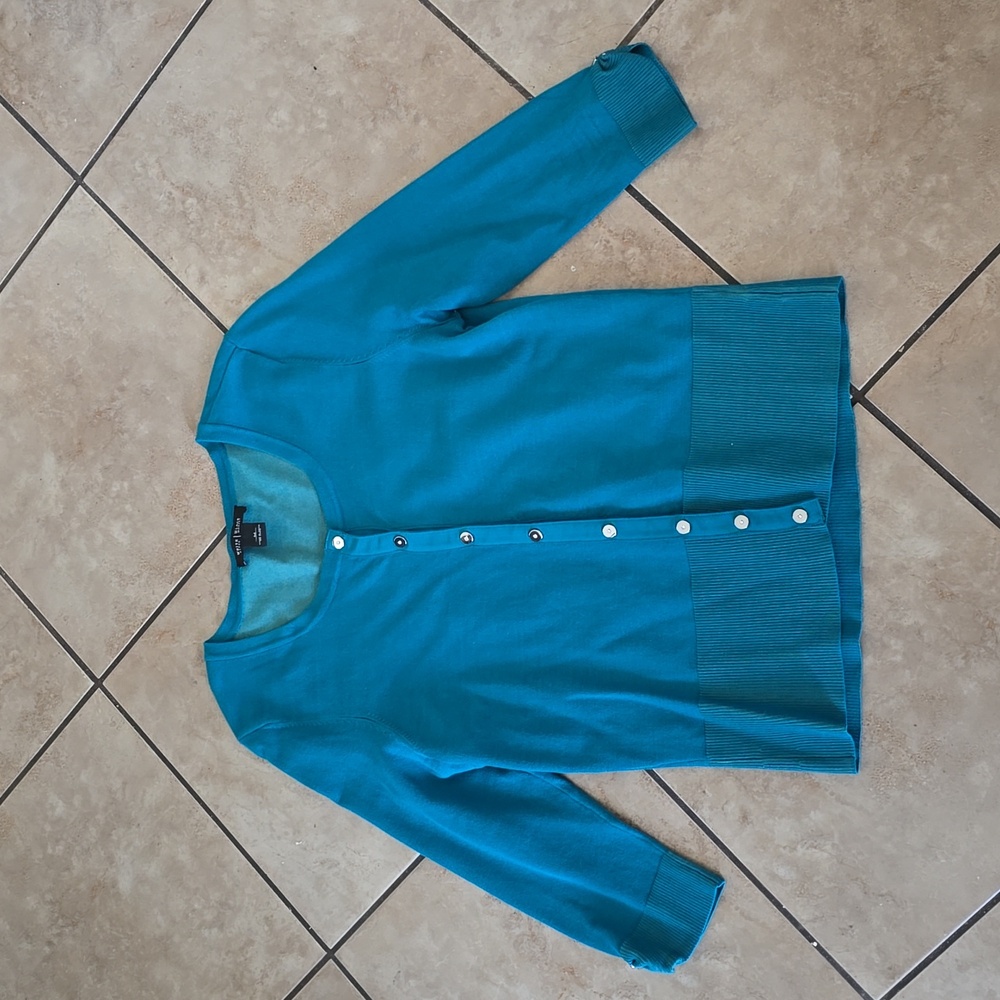 White House Black Market Teal Rhinestone Snap Front Cardigan Sweater Sz M